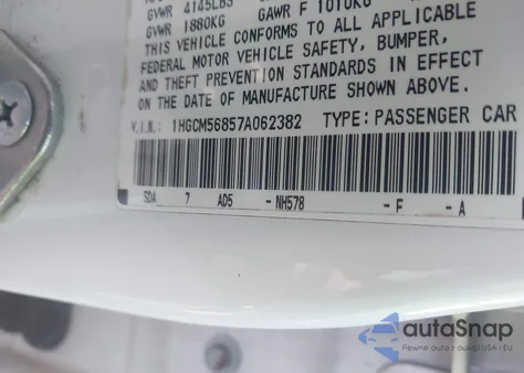 2007 Honda Accord 2.4 Ex z USA, uszkodzony, nr VIN 1HGCM56857A062382
